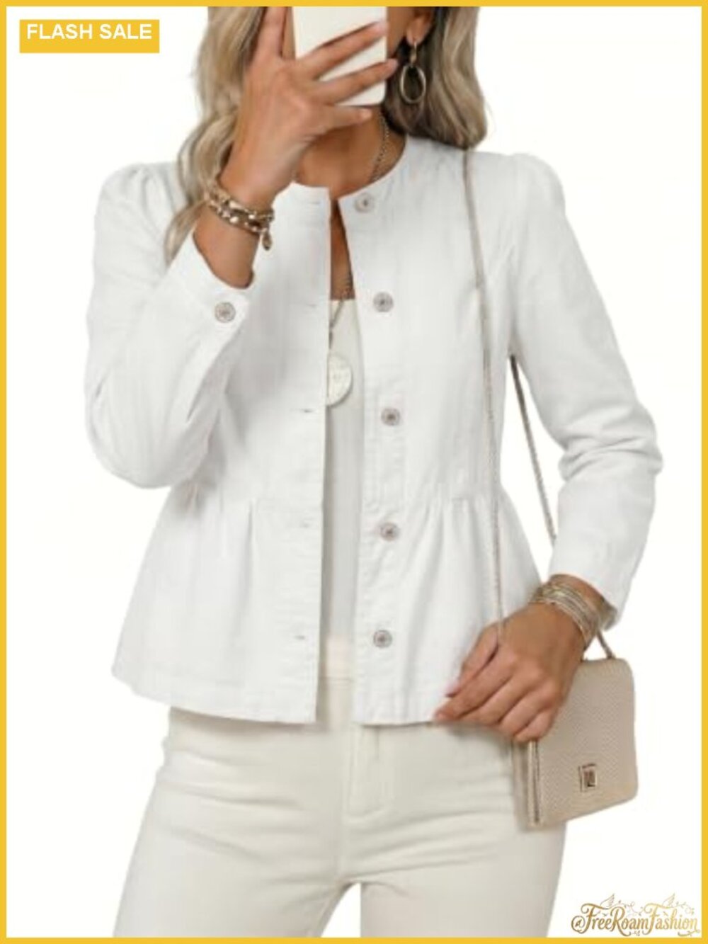 Cropped Denim Jacket Peplum Hem Puff Sleeve Collarless Cinched Waist